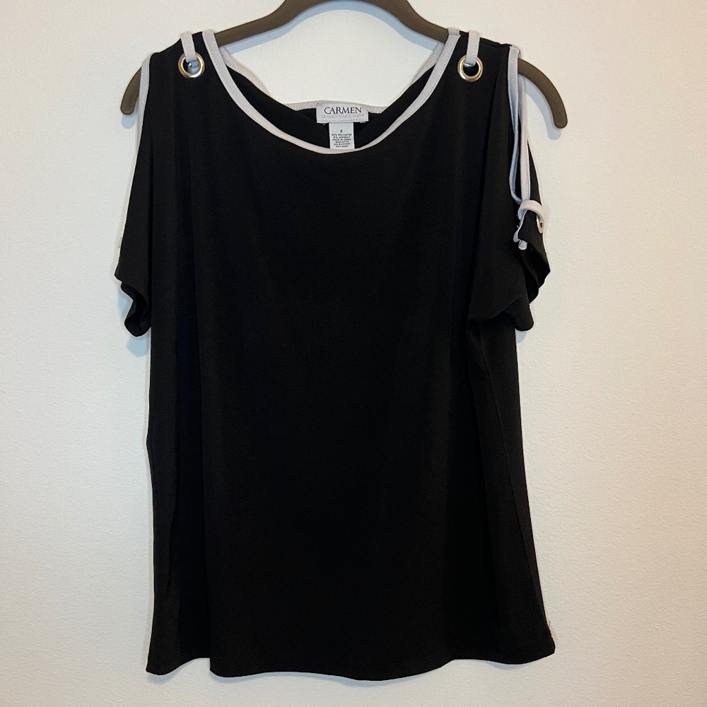 Carmen Marc Valvo Black Cold Shoulder Top White Trim Gold Grommets Size S